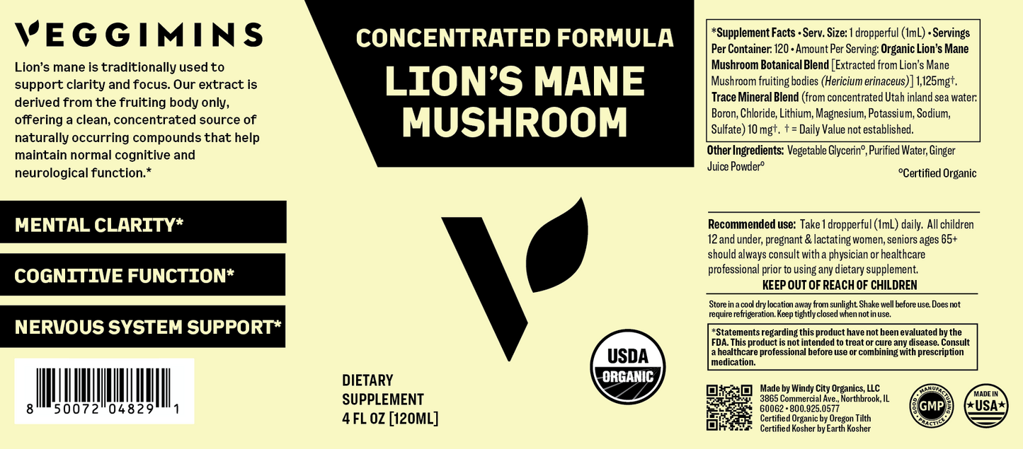 Veggimins Vitamin Organic Lion's Mane Mushroom 4oz