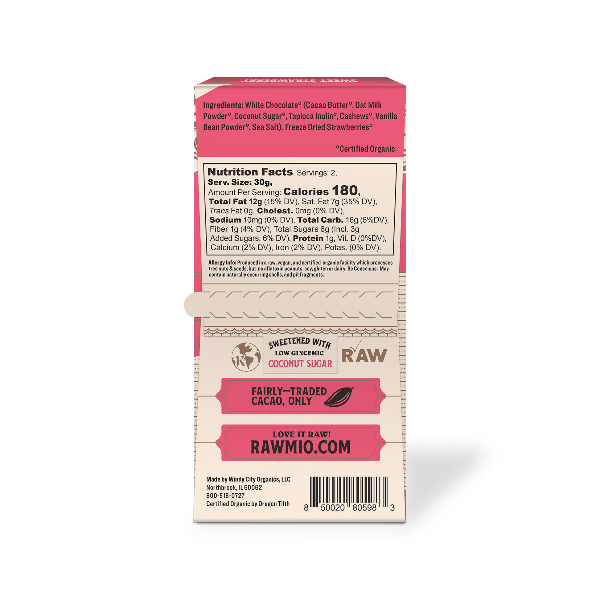 Back of package with ingredients and nutritional value.