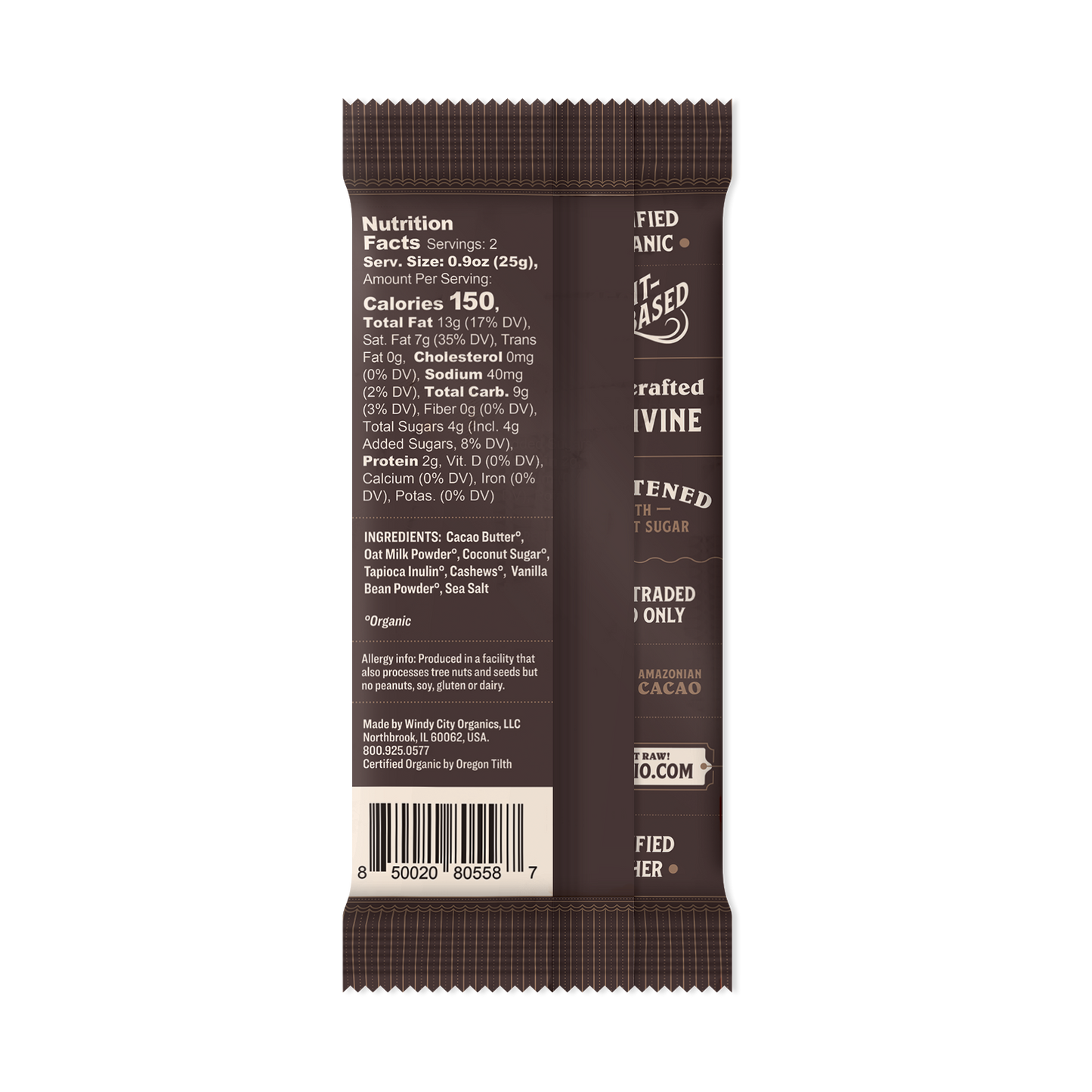 Back of package with ingredients and nutritional value.