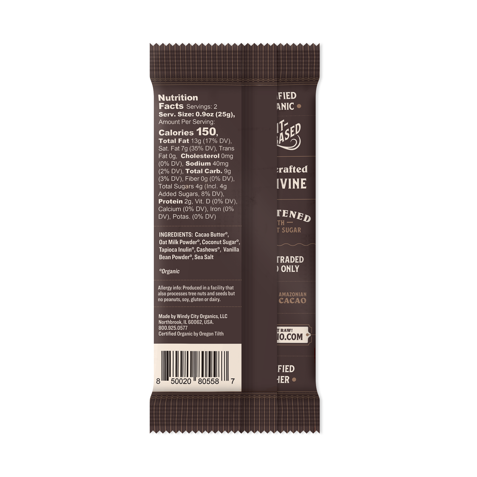Back of package with ingredients and nutritional value.