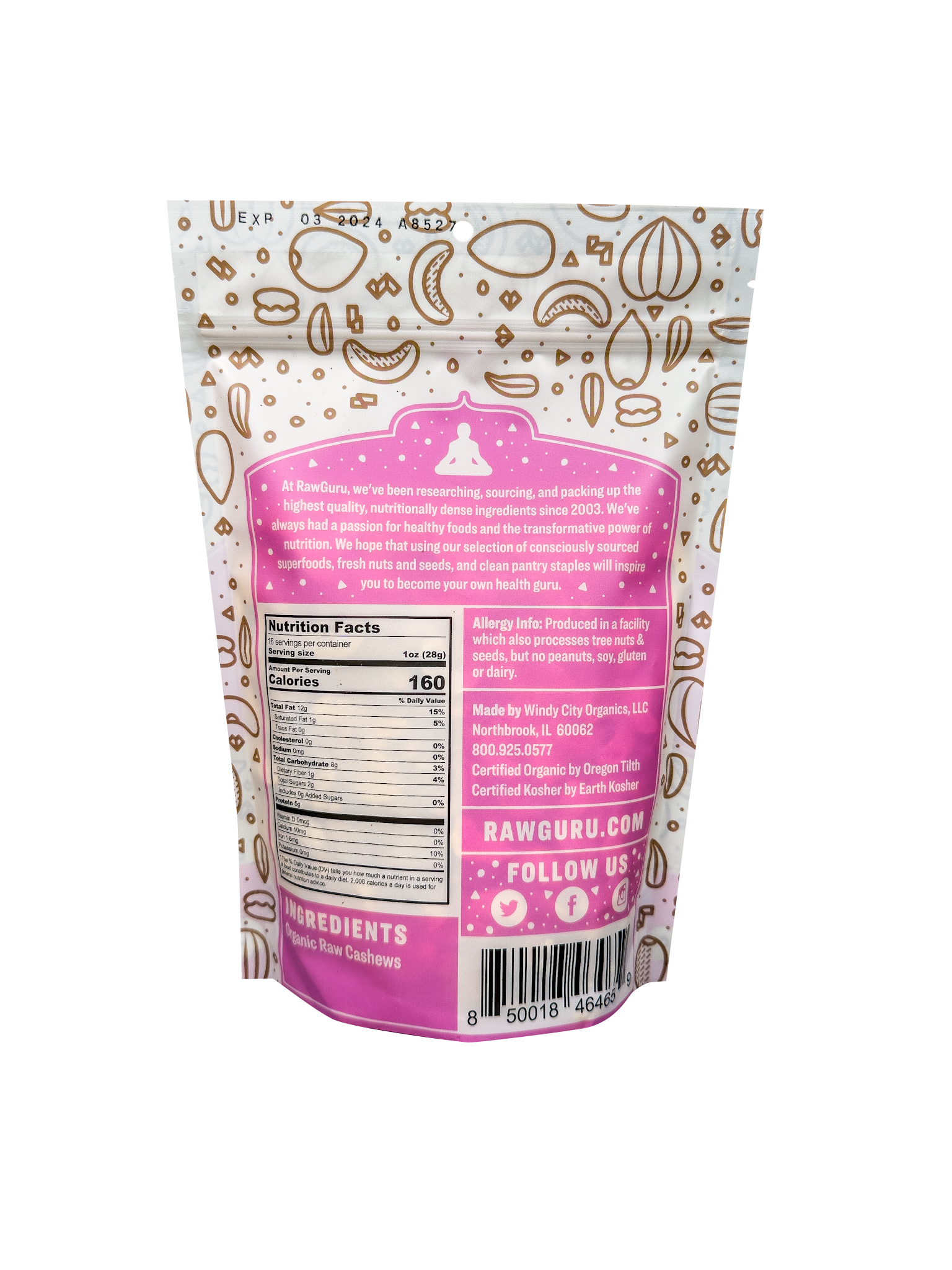 Back of package with ingredients and nutritional value.