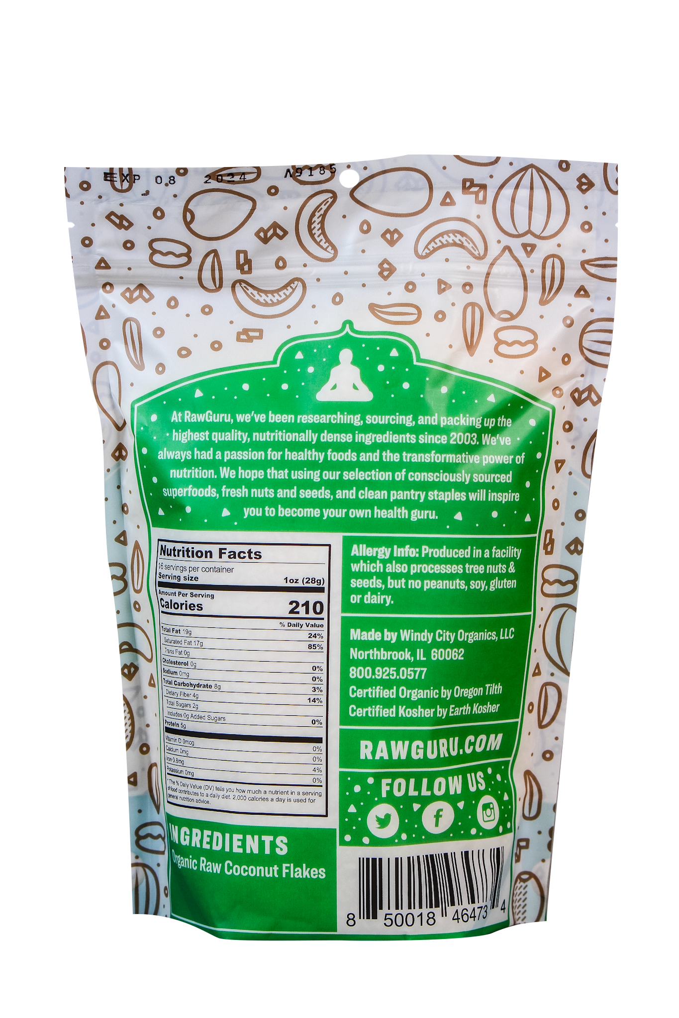 Back of package with ingredients and nutritional value.
