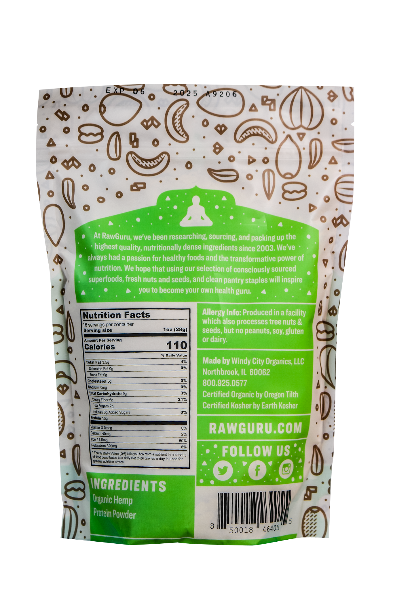 Back of package with ingredients and nutritional value.