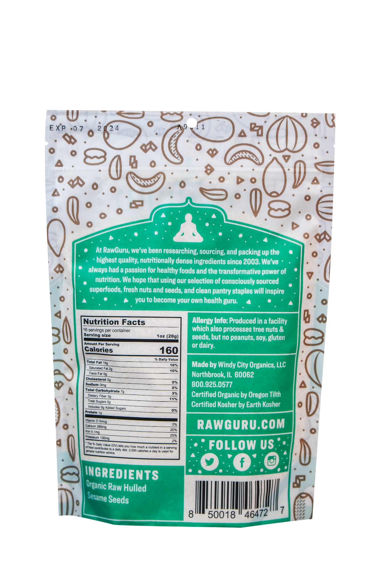 Back of package with ingredients and nutritional value.