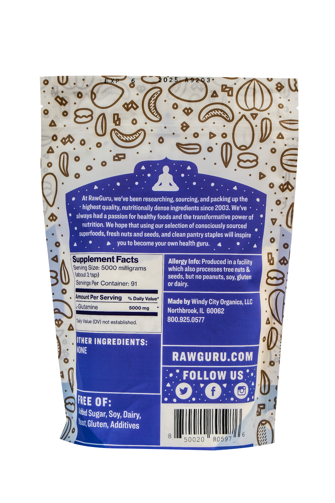 Back of package with ingredients and nutritional value.