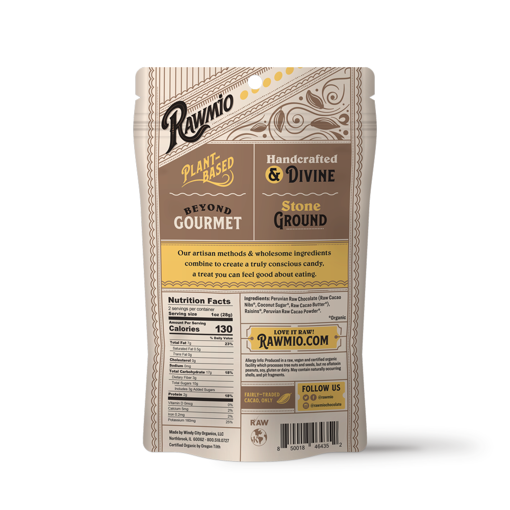 Back of package with ingredients and nutritional value.