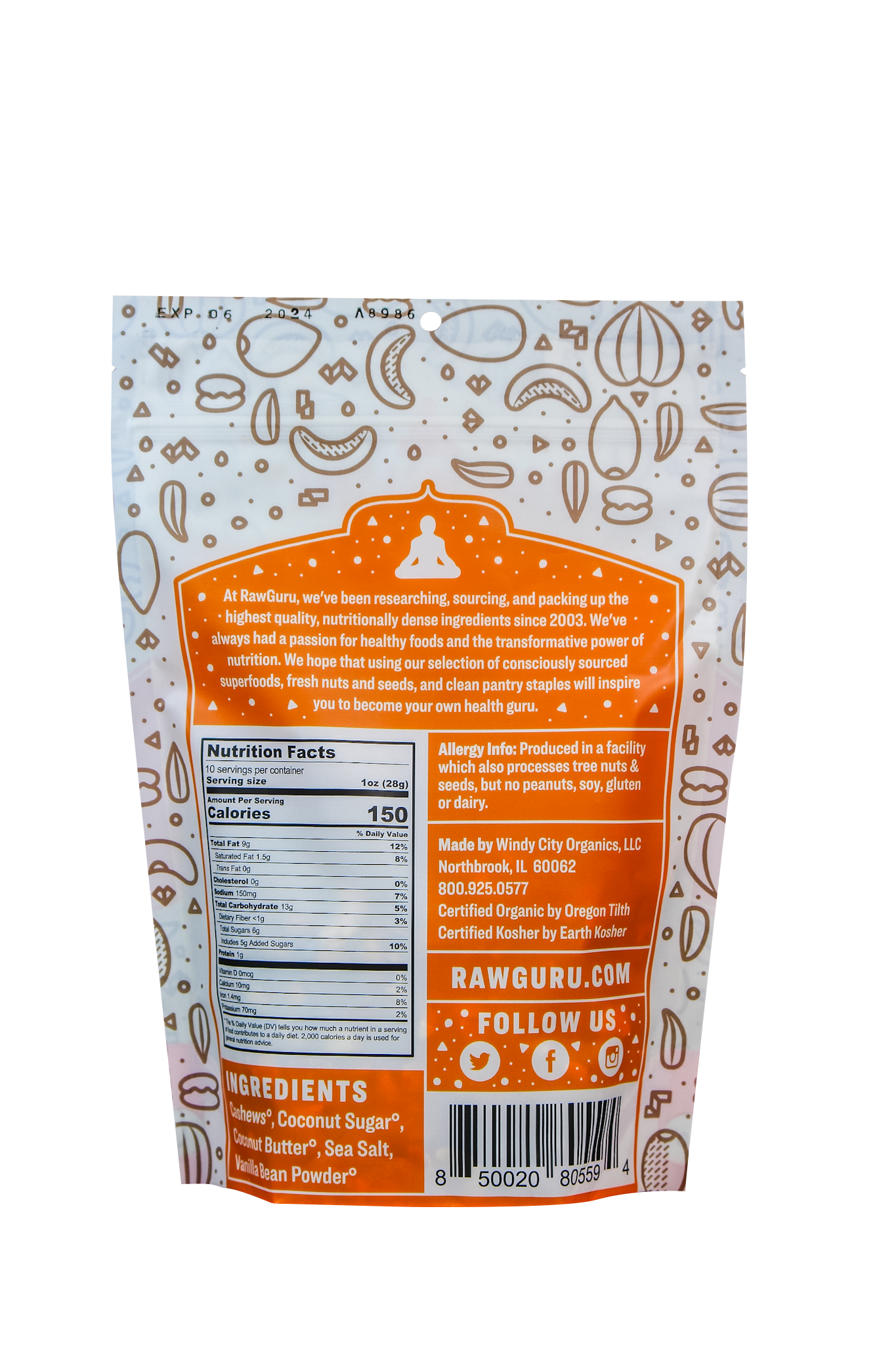 Back of package with ingredients and nutritional value.