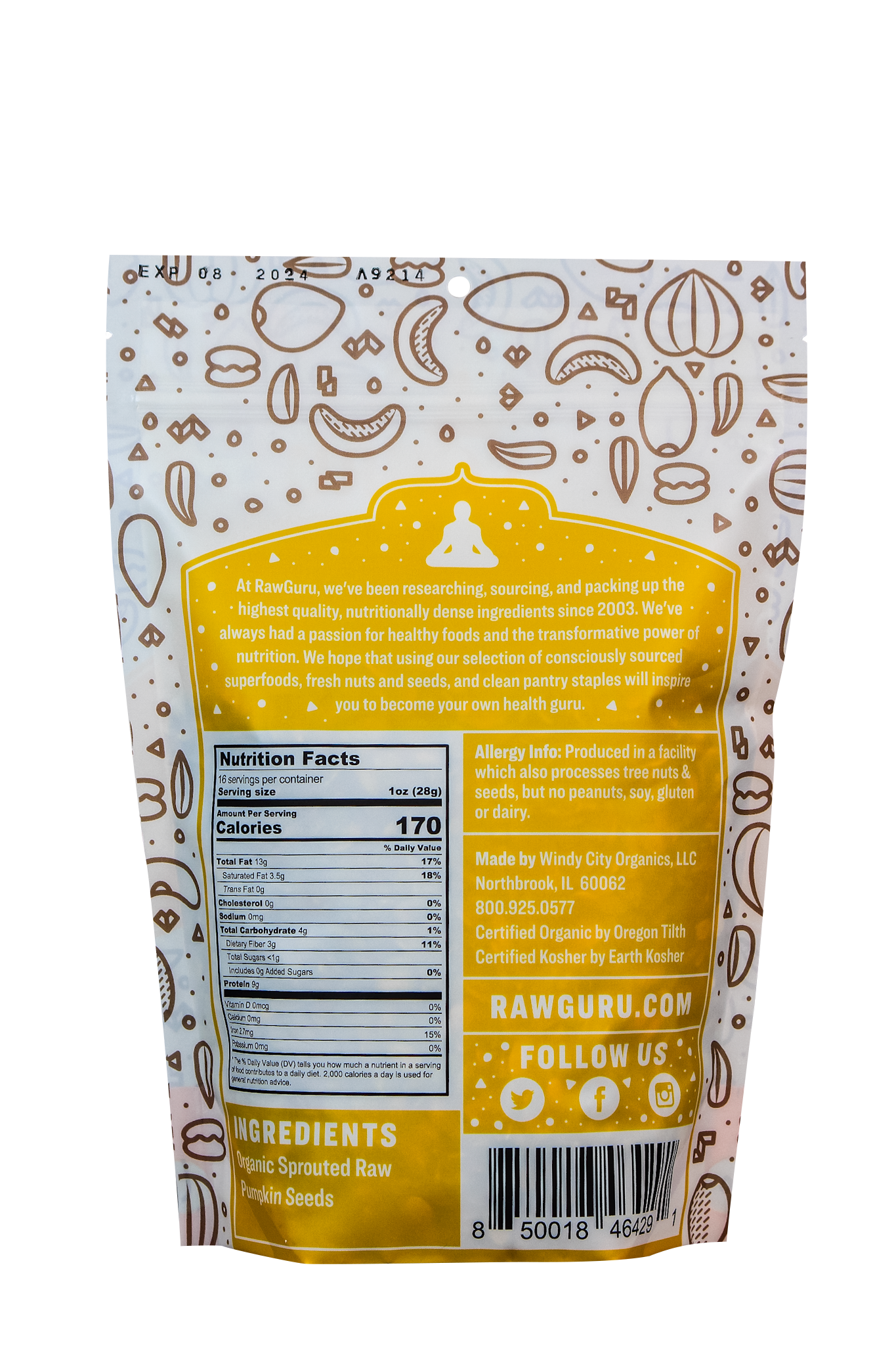 Back of package with ingredients and nutritional value.