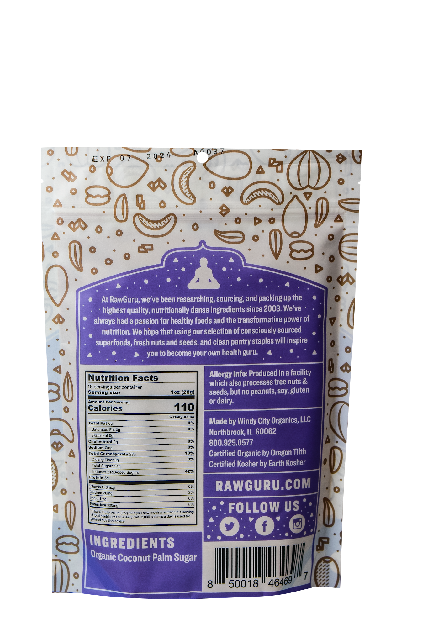 Back of package with ingredients and nutritional value.