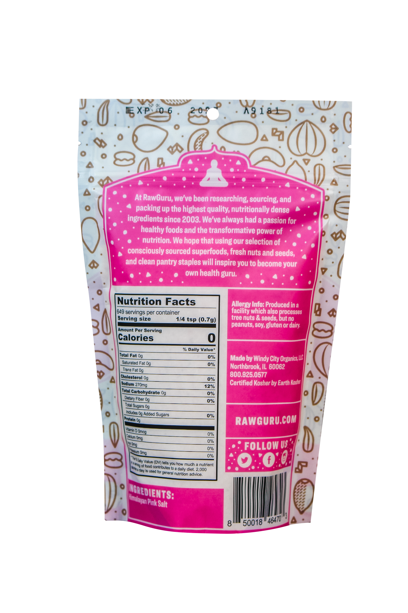 Back of package with ingredients and nutritional value